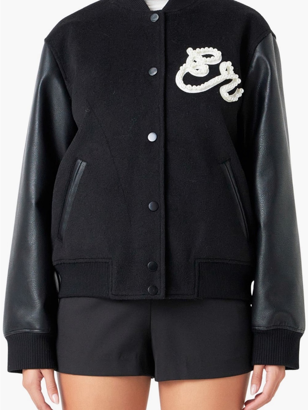 Endless Rose Black Varsity-Style Pearl Appliqué Bomber Jacket - NWT